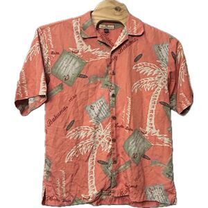 Tommy Bahama Logo Silk Medium Pink Palm Trees Hawaiian Button Up Short Sleeve‎